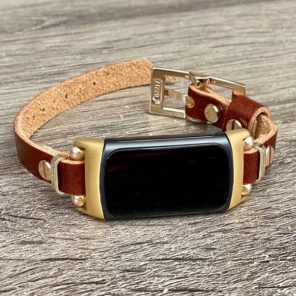 Brown Grain Leather Slim Strap Gold Fitbit Charge 5 Band Women Jewelry Bracelet - Picture 6 of 8